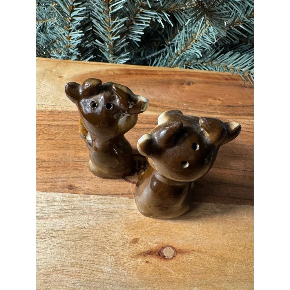 Vintage Cow Salt and Pepper Shakers Set Brown Cream Glossy Kitschy Farmhouse